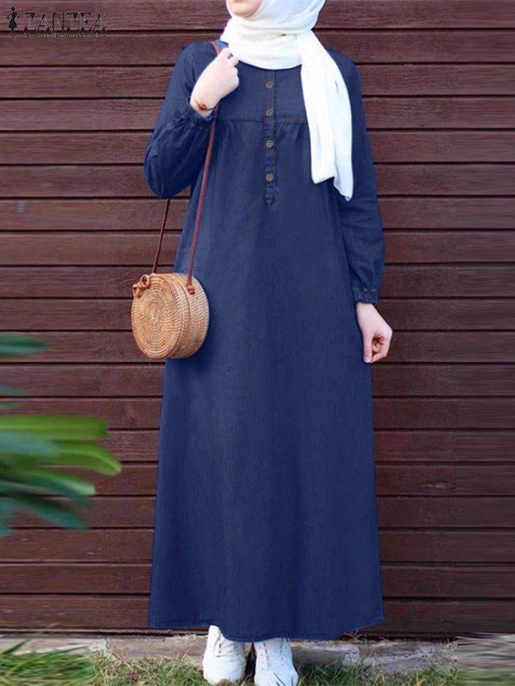 Denim Blue Long Sleeve Abaya - Loose Casual Maxi Dress