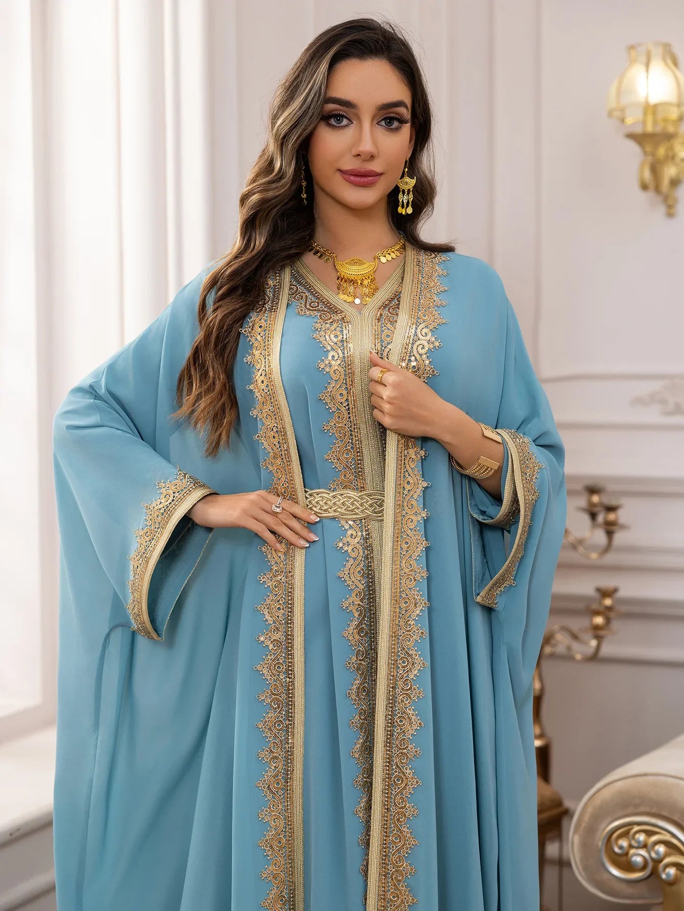 Luxury 2-Piece Kimono Cardigan & Dress Set - Embroidered Abaya