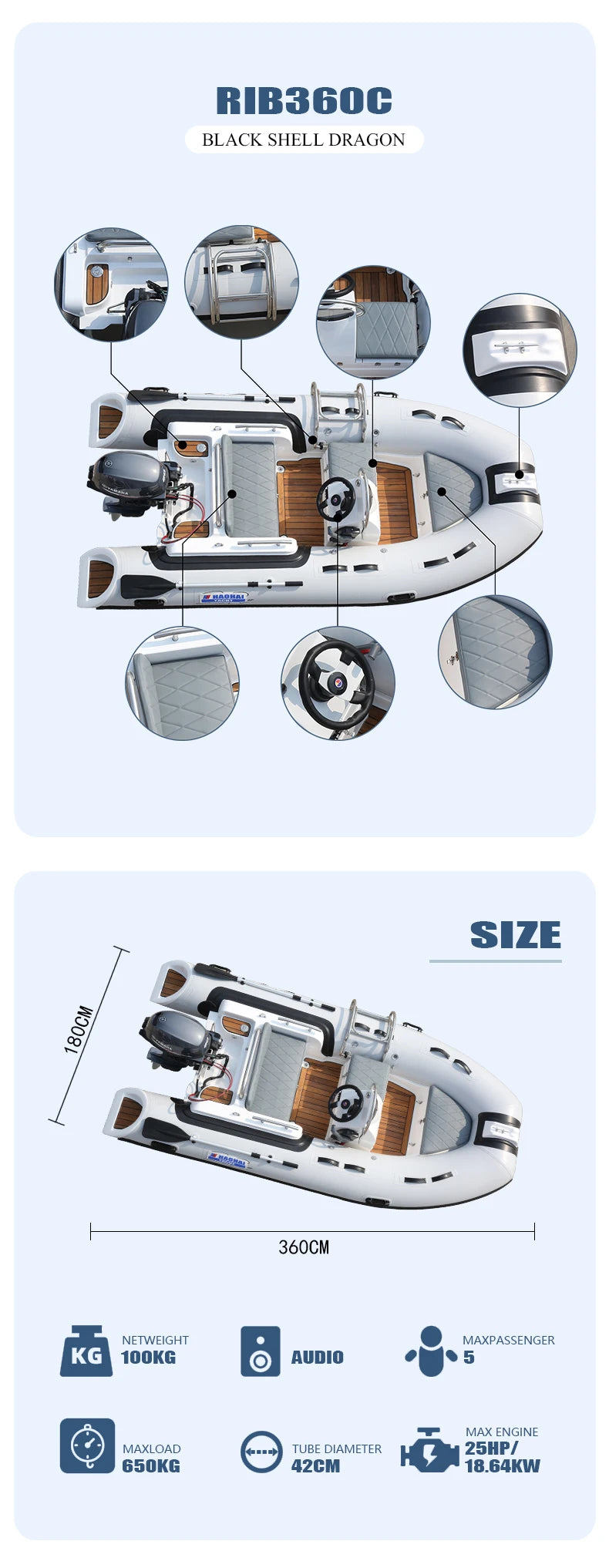 RIB360C 11.8ft Inflatable Fishing Boat - 5 Person Capacity with Console