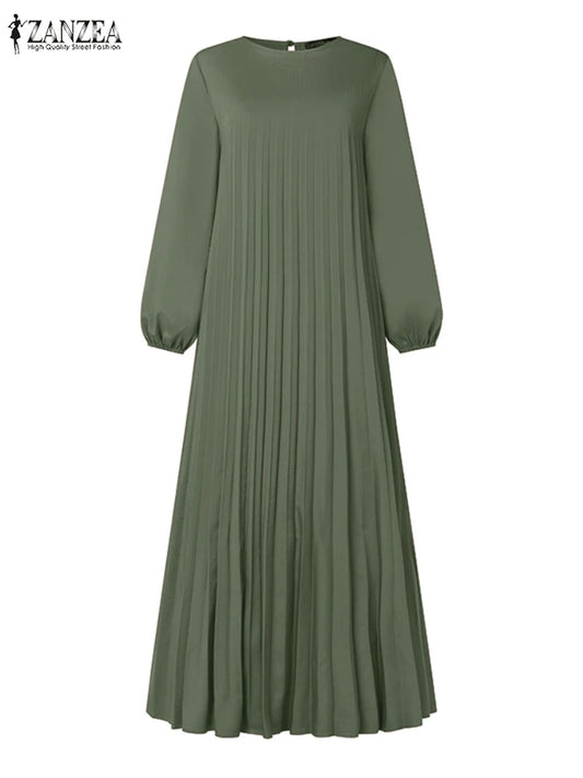 Pleated Maxi Dress - Elegant Long Sleeve Abaya