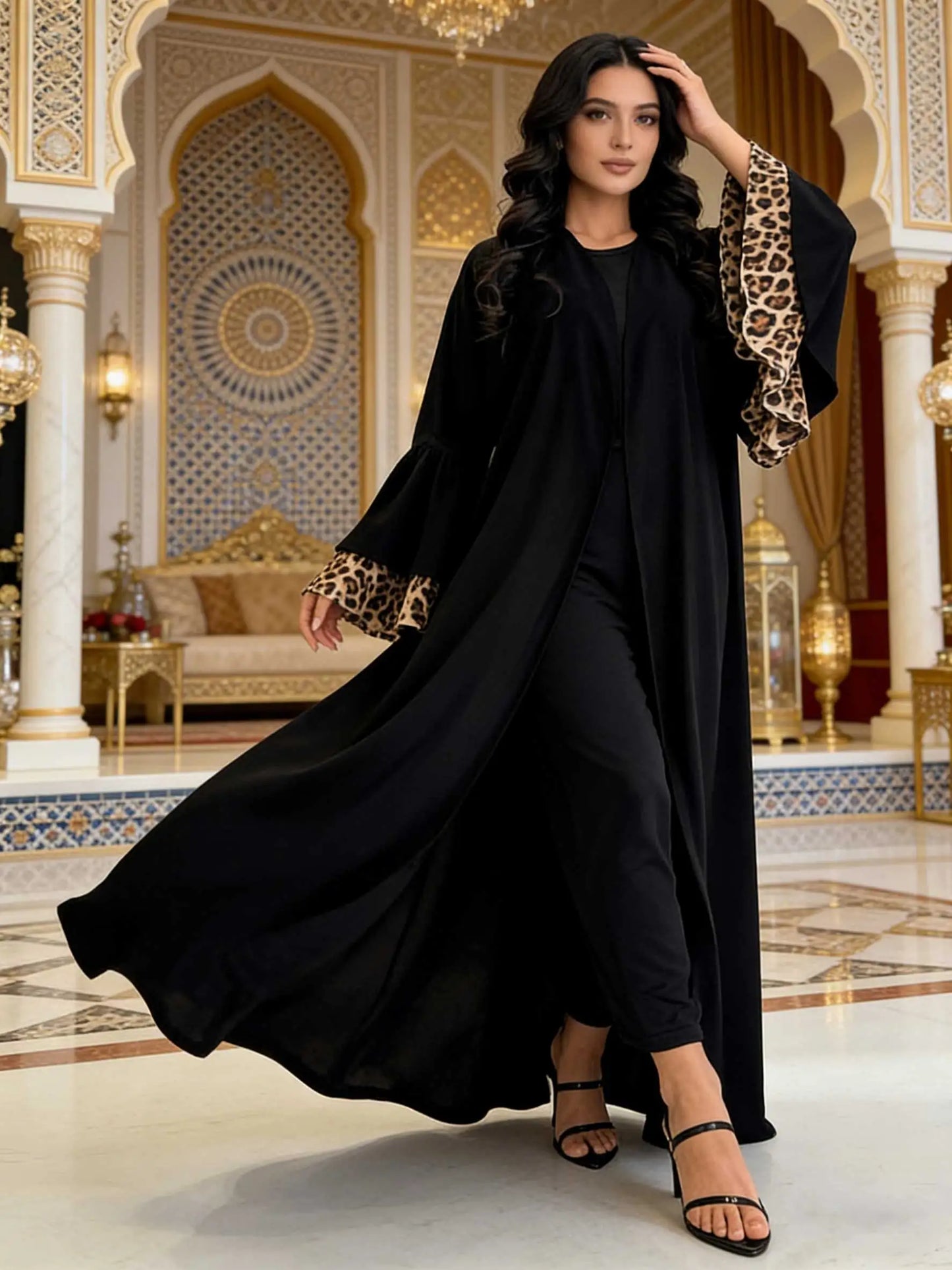 Black Open-Front Abaya with Leopard Print Bell Sleeves