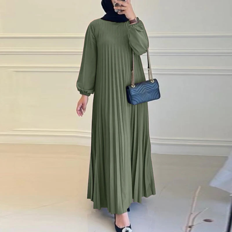 Pleated Maxi Dress - Elegant Long Sleeve Abaya