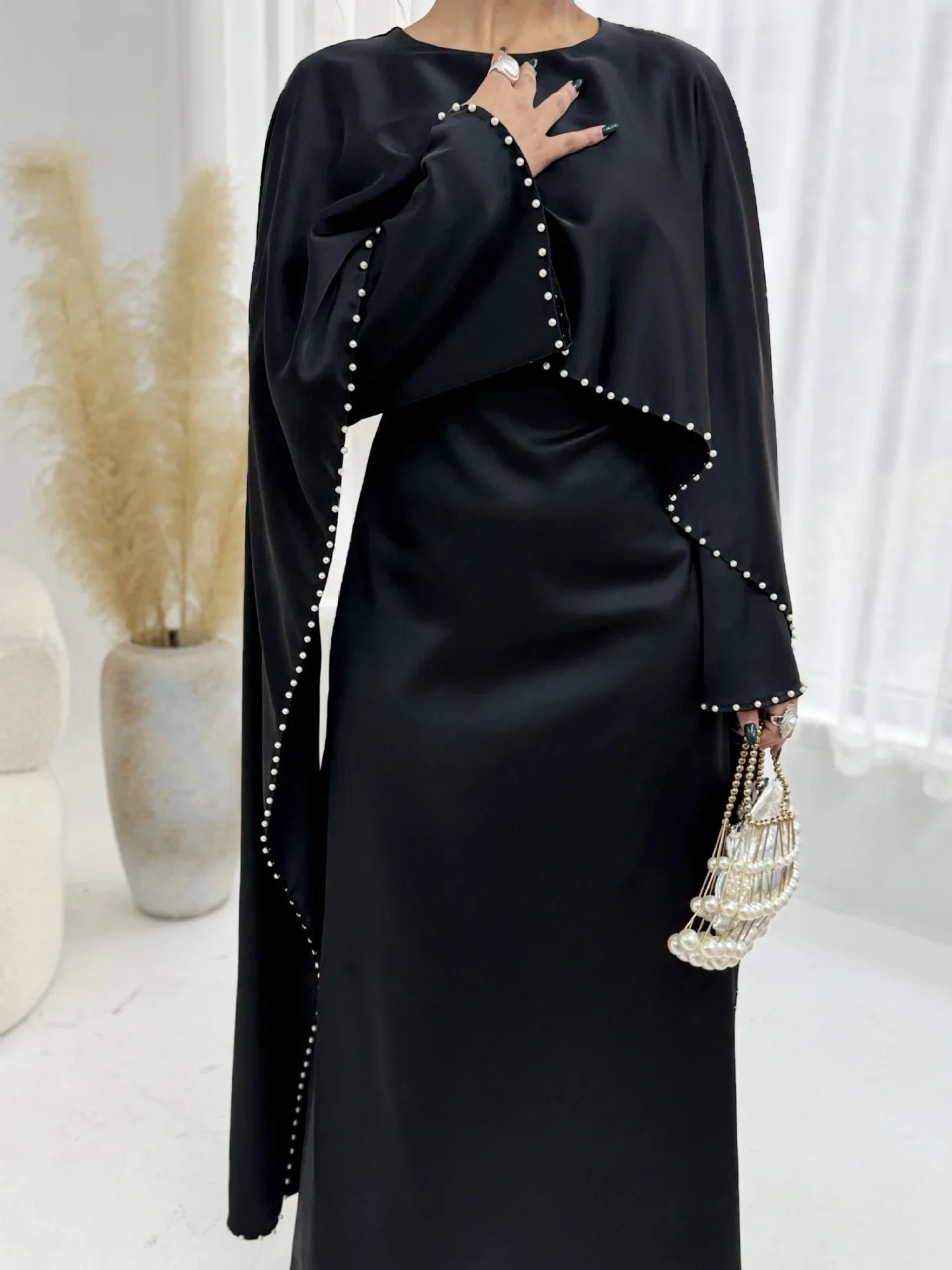 Elegant Beaded Muslim Party Dress - Long Sleeve Abaya Jalabiya for Eid & Ramadan