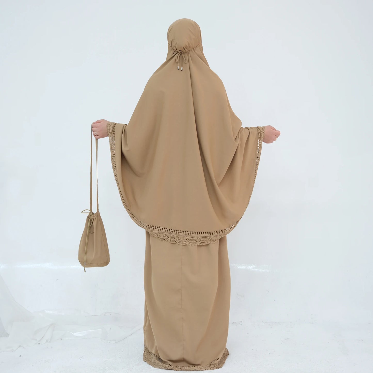 4-Piece Lace Trim Prayer Set - Complete Hijabi Salah Set with Khimar, Skirt, Rug & Pouch | Ramadan