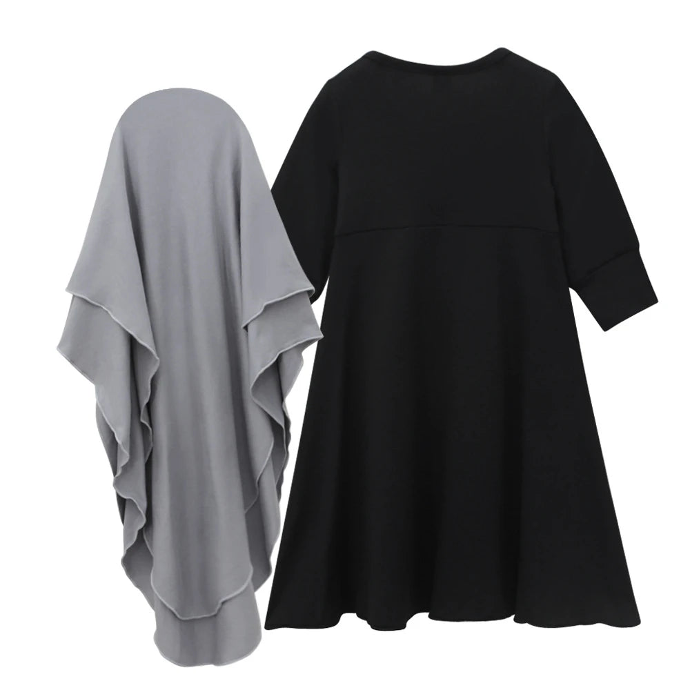 Muslim Girls Prayer Dress Set - 2-Piece Hijab Abaya with Headscarf for Children