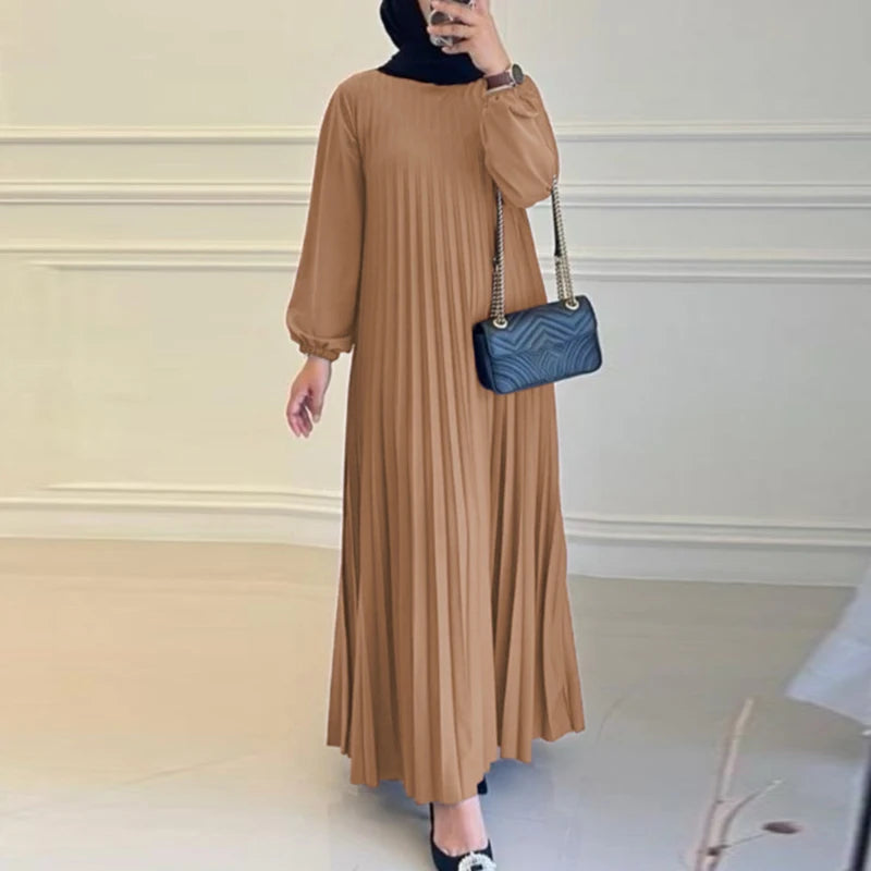Pleated Maxi Dress - Elegant Long Sleeve Abaya