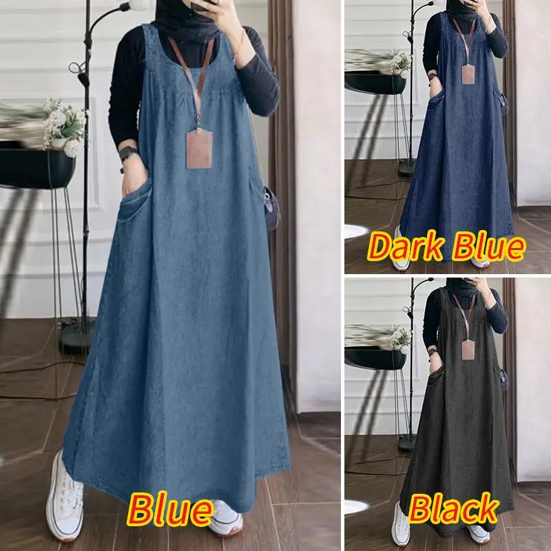 Denim Overall Dress with Pockets - Casual A-Line Maxi