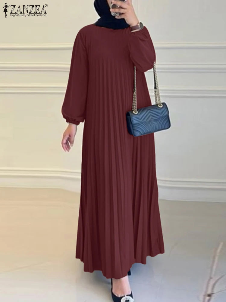 Pleated A-Line Abaya - Modest Long Dress with O-Neck