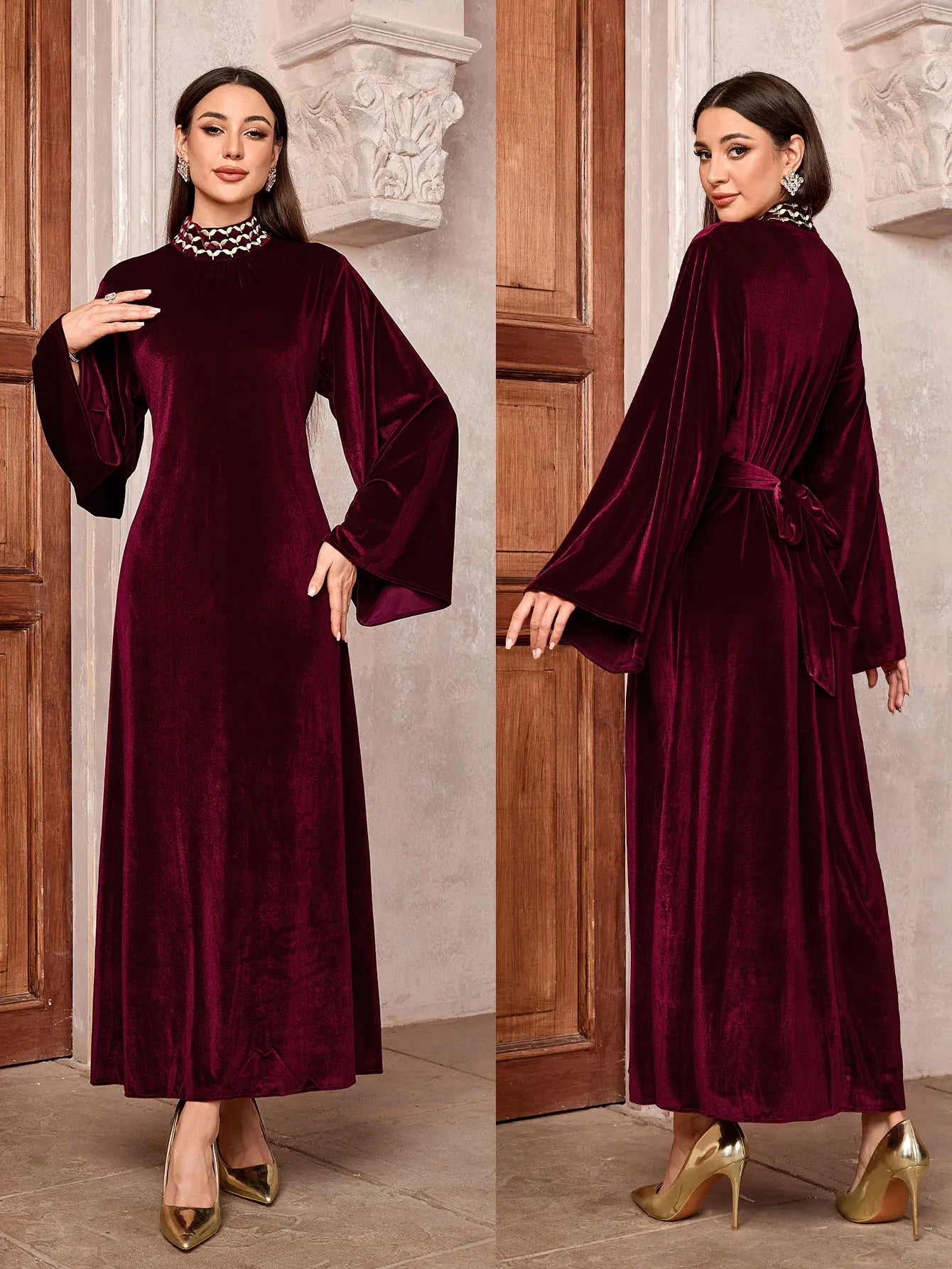 Luxury Velvet Dress with Belt - Embroidered Party Abaya