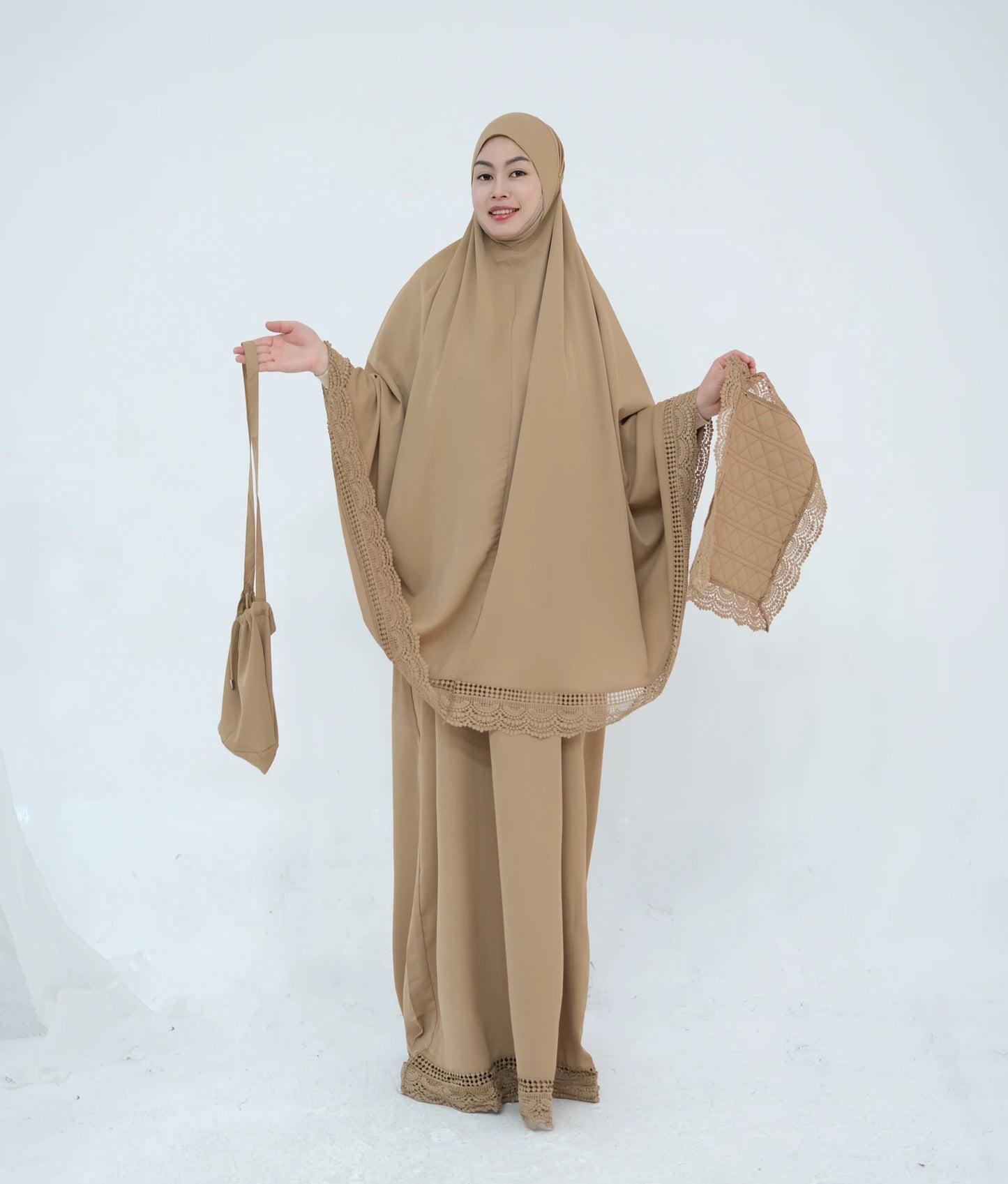 4-Piece Lace Trim Prayer Set - Complete Hijabi Salah Set with Khimar, Skirt, Rug & Pouch | Ramadan
