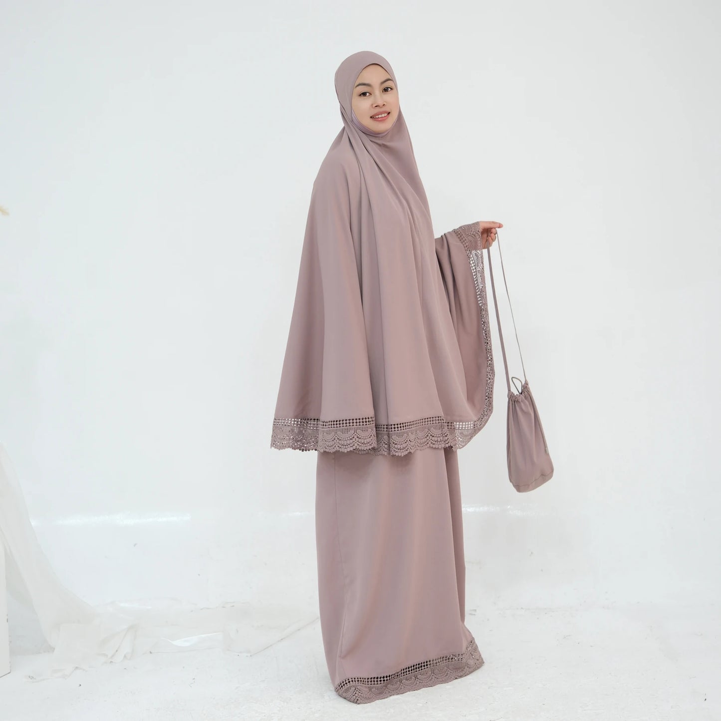 4-Piece Lace Trim Prayer Set - Complete Hijabi Salah Set with Khimar, Skirt, Rug & Pouch | Ramadan