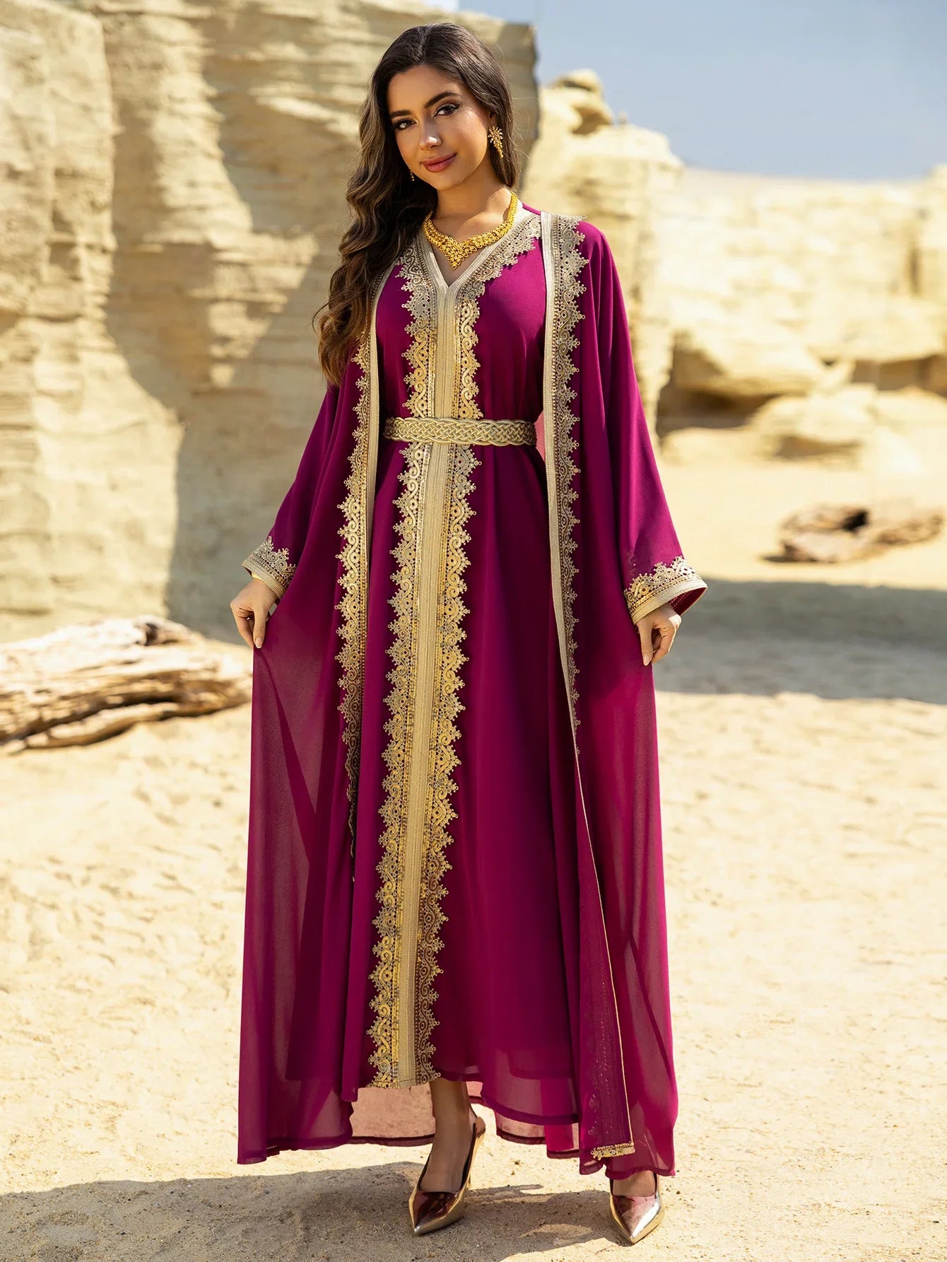 Luxury 2-Piece Kimono Cardigan & Dress Set - Embroidered Abaya