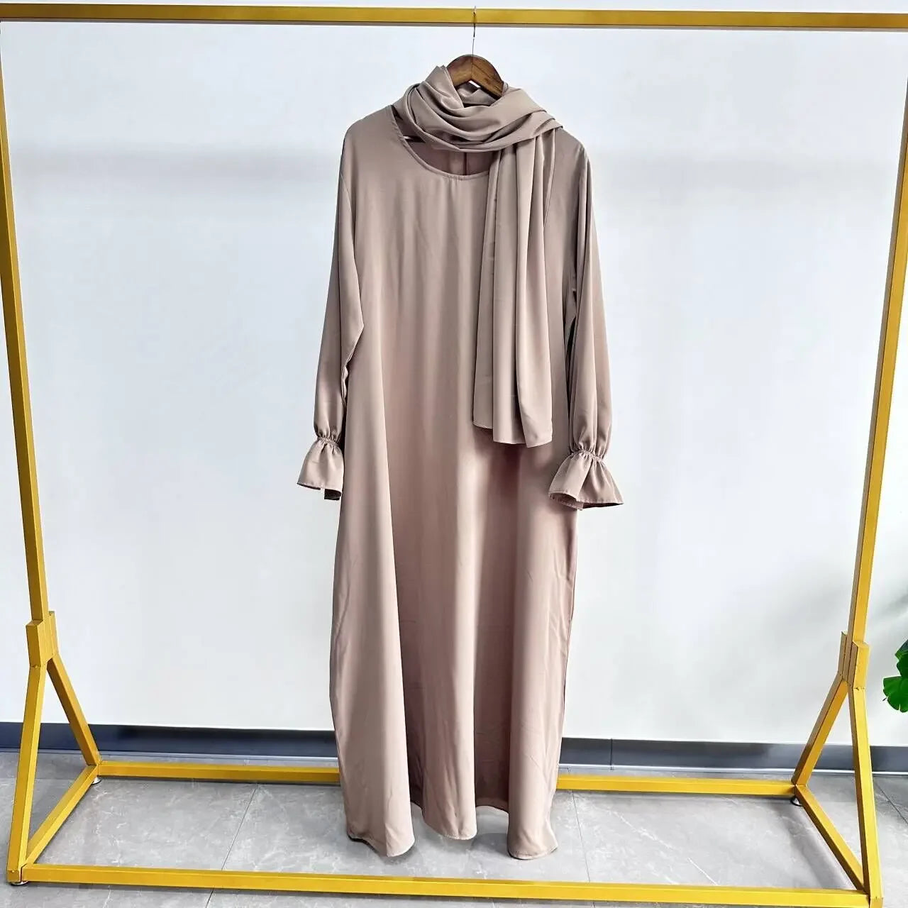 Muslim Modest Abaya Dress with Headscarf - Flare Sleeve Prayer Robe