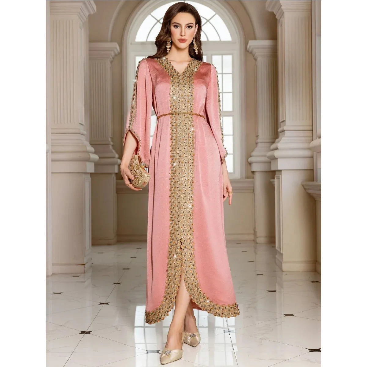 Lace & Diamond Embellished Party Abaya - Elegant Long Robe