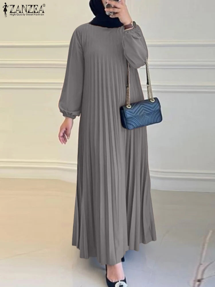 Pleated A-Line Abaya - Modest Long Dress with O-Neck