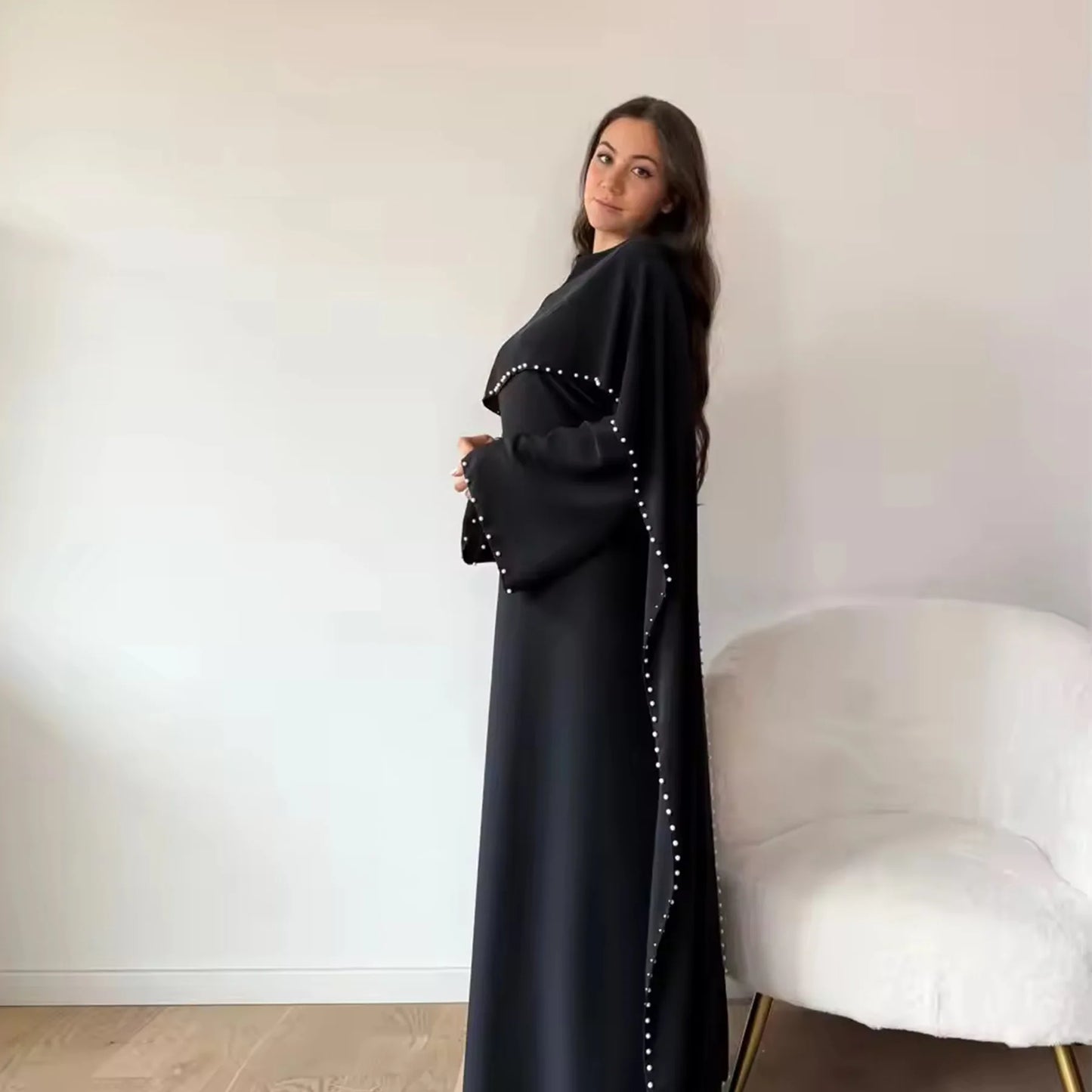 Elegant Beaded Muslim Party Dress - Long Sleeve Abaya Jalabiya for Eid & Ramadan