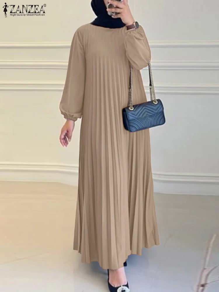 Pleated A-Line Abaya - Modest Long Dress with O-Neck