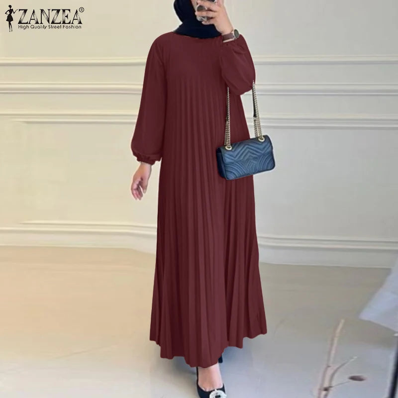 Pleated A-Line Abaya - Modest Long Dress with O-Neck