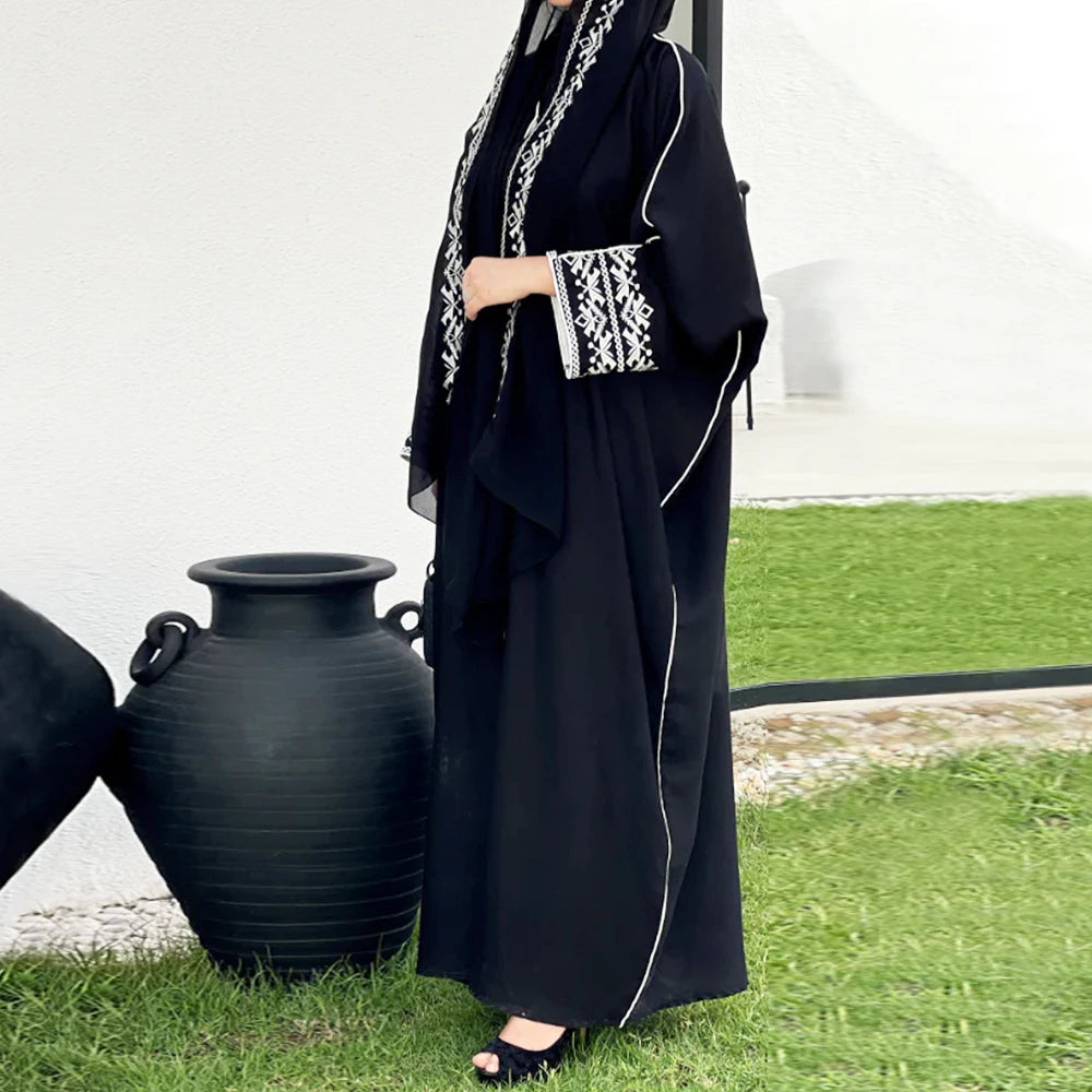 Bow Embroidered Abaya Kimono - Long Sleeve Modest Coat