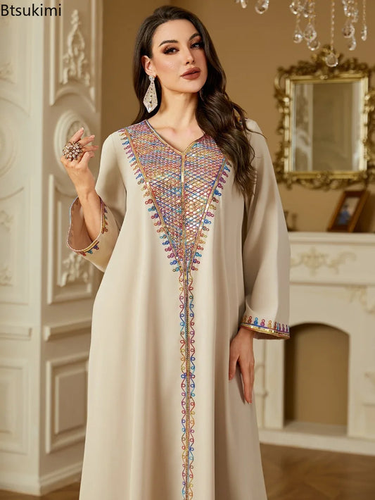 Elegant Embroidered Evening Abaya - Sequin Kaftan Dress