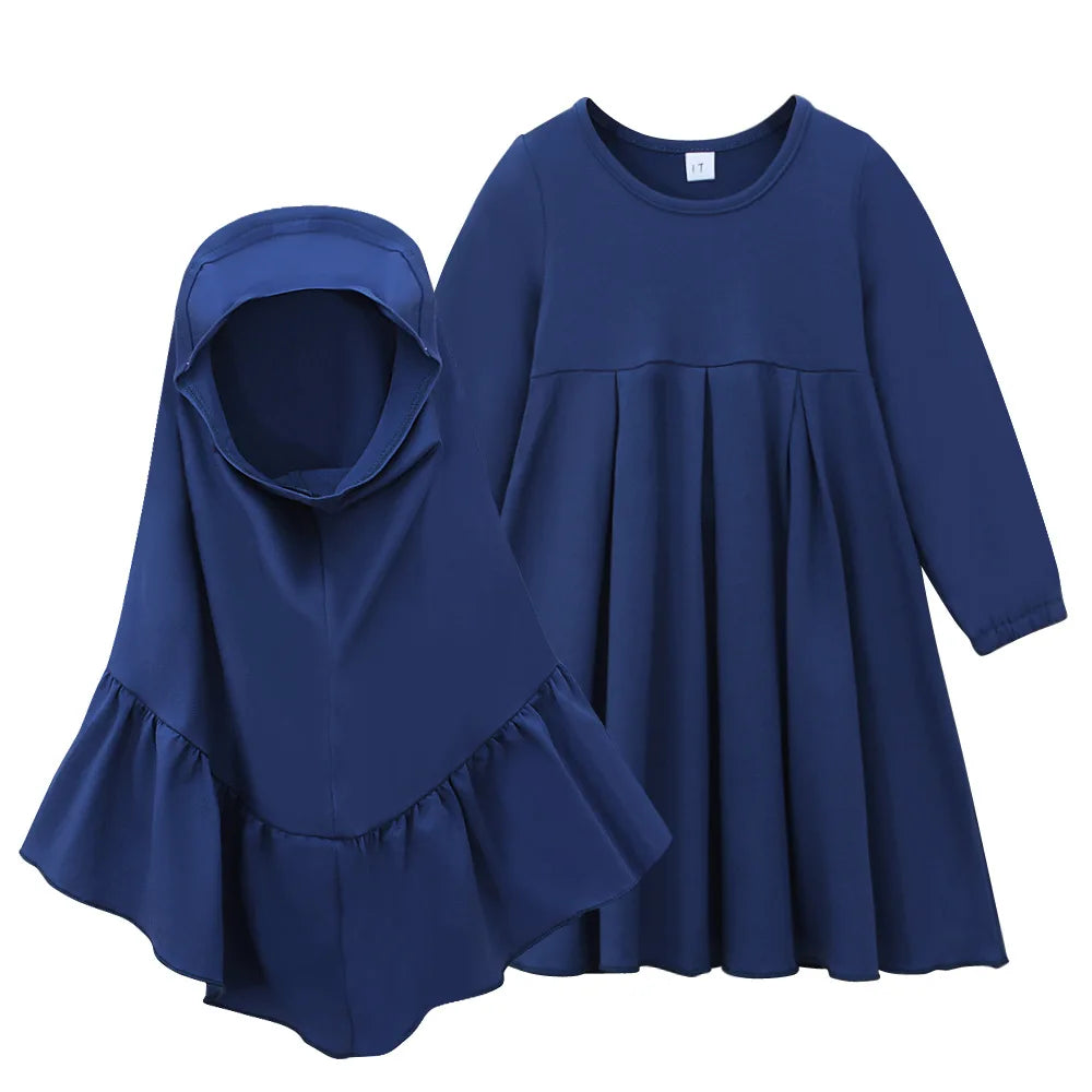 Muslim Girls Prayer Dress Set - 2-Piece Hijab Abaya with Headscarf for Children