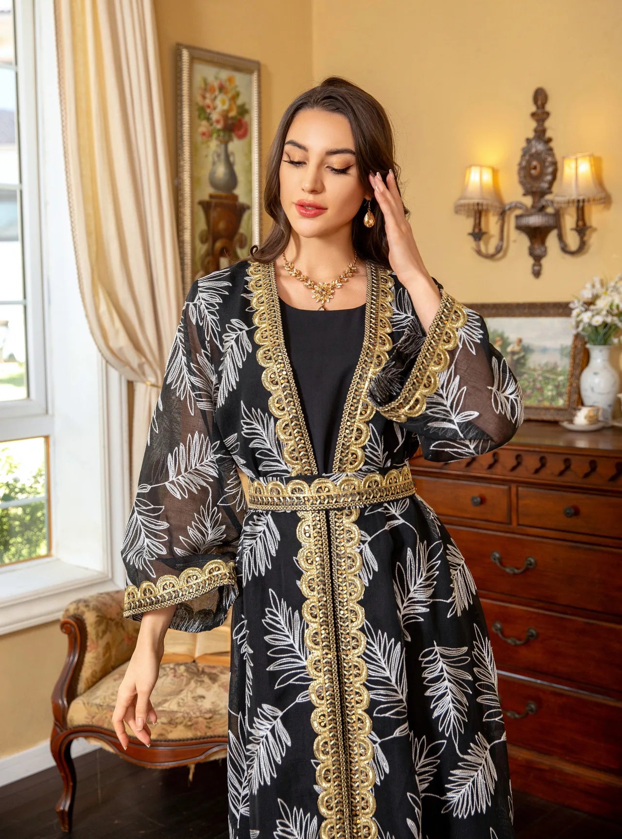 2-Piece Mesh Embroidered Muslim Set - Elegant Kaftan Robe Outfit for Women | Summer 2026