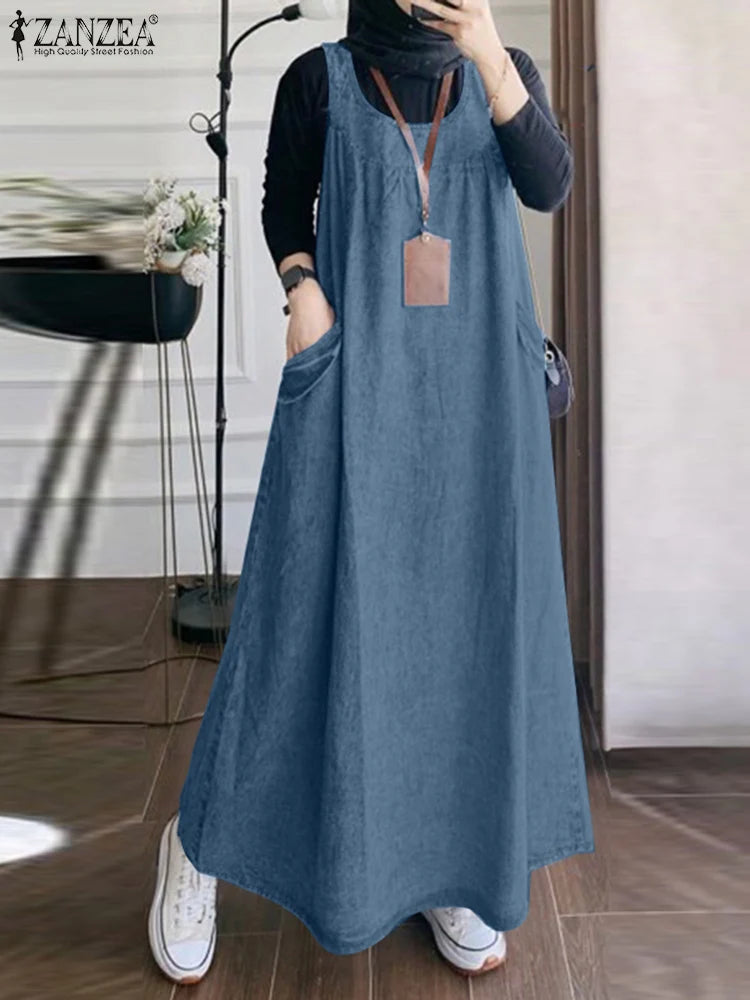 Denim Overall Dress with Pockets - Casual A-Line Maxi