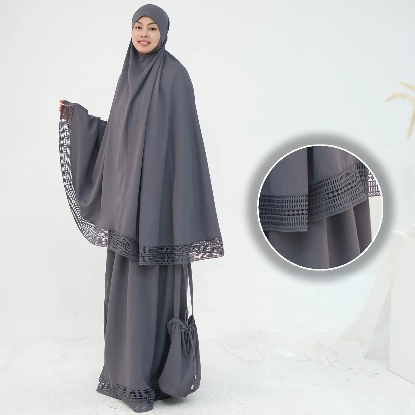 4-Piece Lace Trim Prayer Set - Complete Hijabi Salah Set with Khimar, Skirt, Rug & Pouch | Ramadan