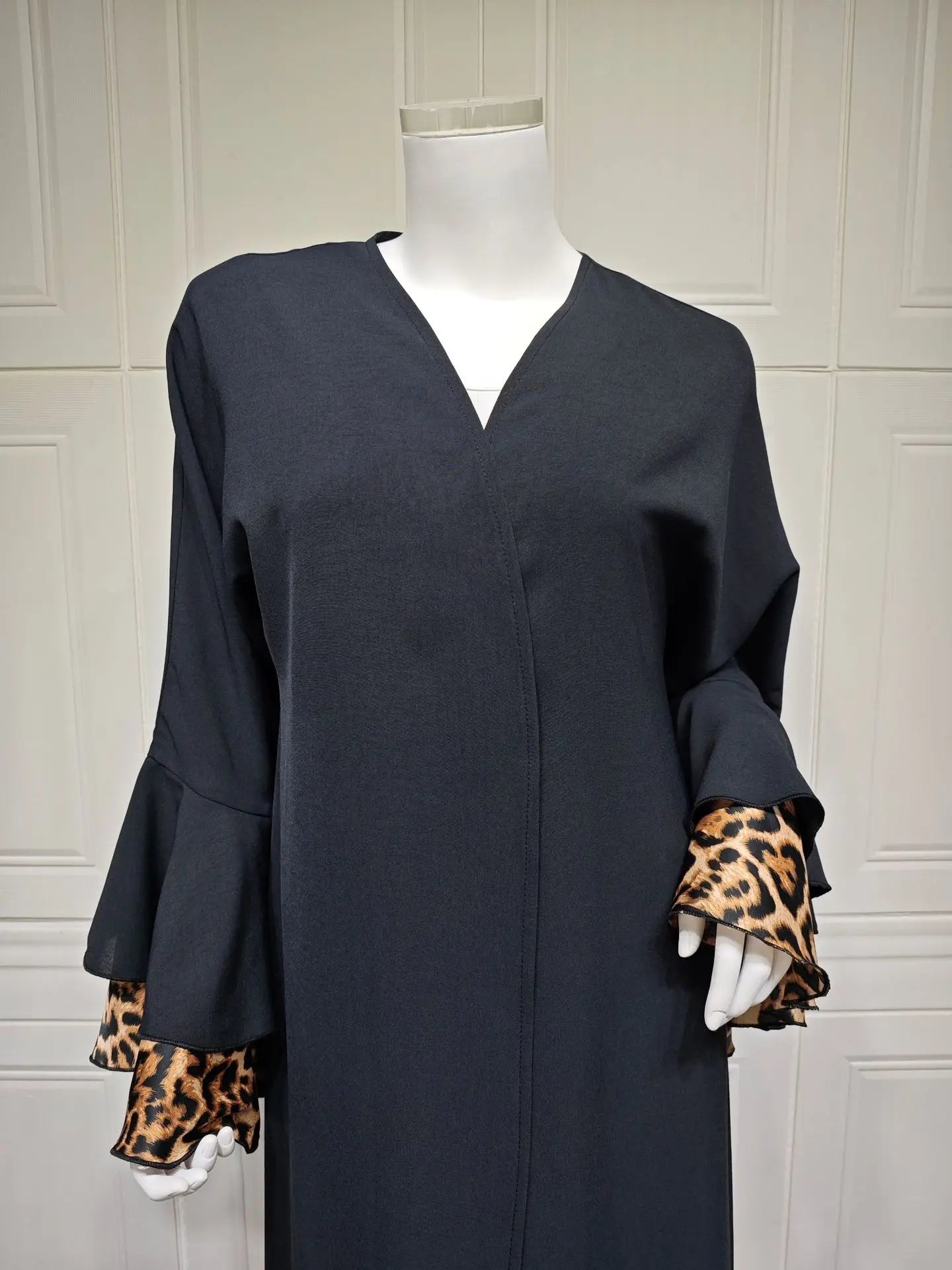 Black Open-Front Abaya with Leopard Print Bell Sleeves