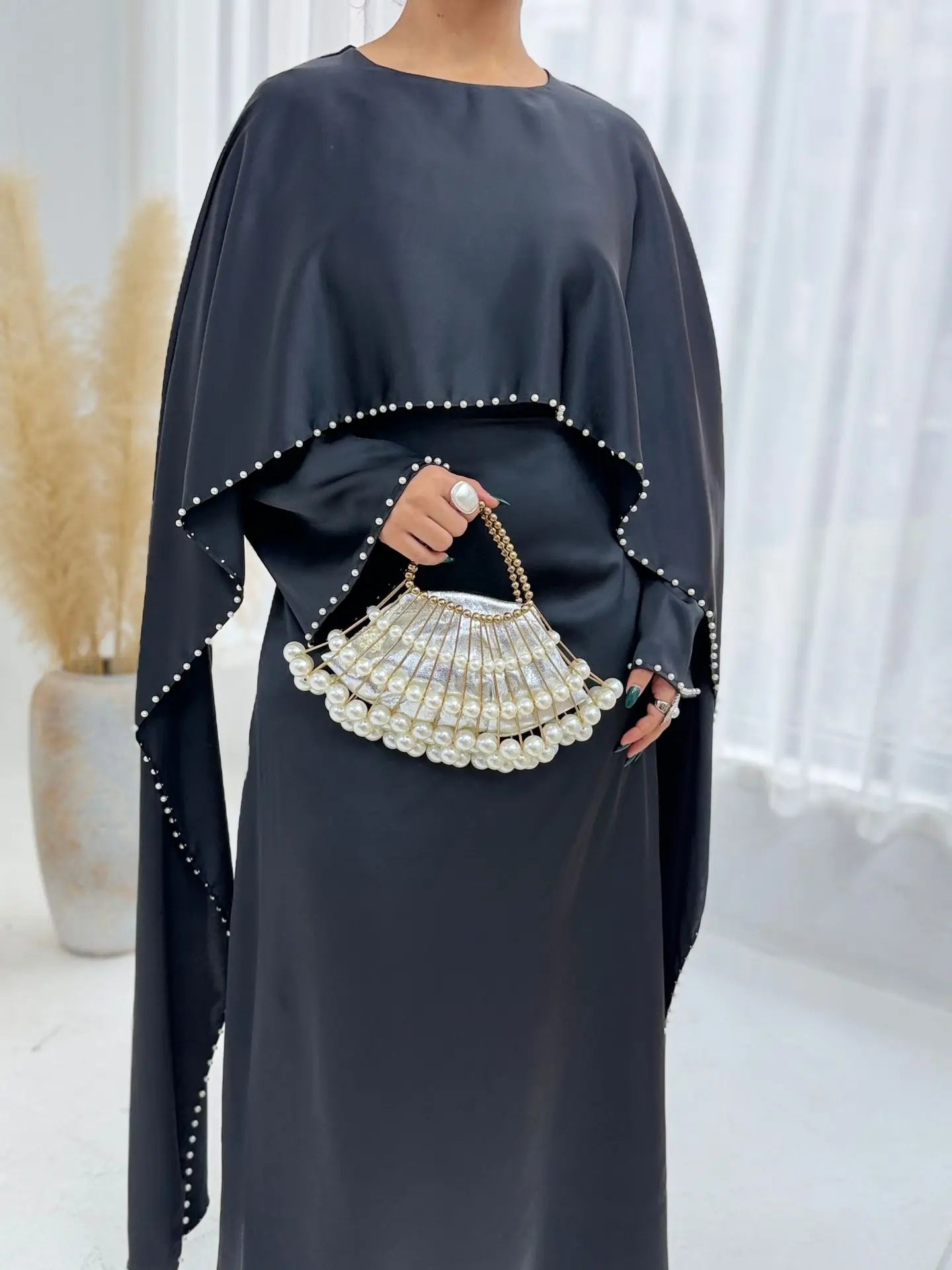 Elegant Beaded Muslim Party Dress - Long Sleeve Abaya Jalabiya for Eid & Ramadan