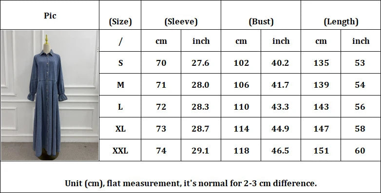 Denim Maxi Abaya Dress - Single Breasted Long Sleeve Muslim Dress for Women