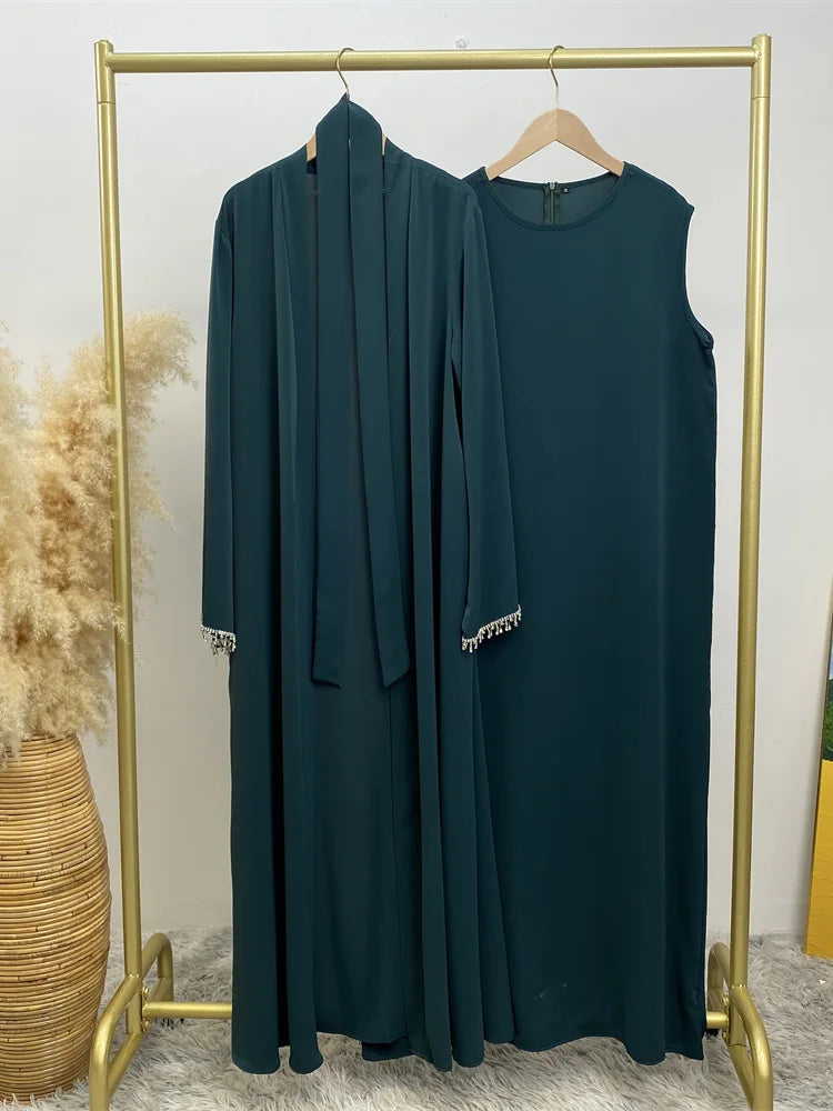 Nida 3-Piece Set with Crystal Chain - Elegant Evening Abaya