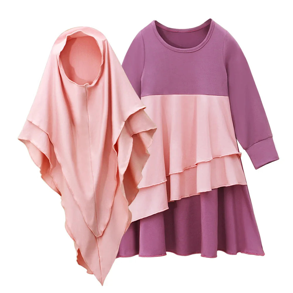 Muslim Girls Prayer Dress Set - 2-Piece Hijab Abaya with Headscarf for Children