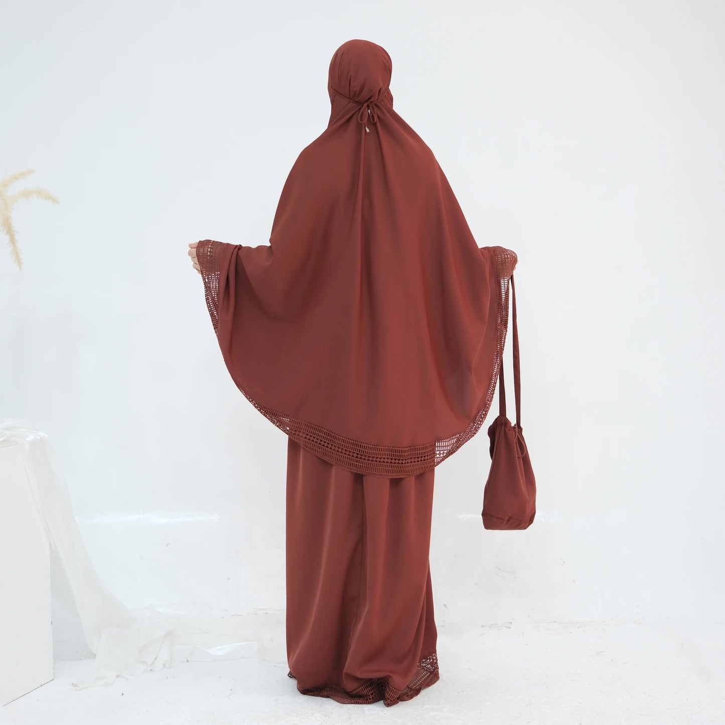 4-Piece Lace Trim Prayer Set - Complete Hijabi Salah Set with Khimar, Skirt, Rug & Pouch | Ramadan