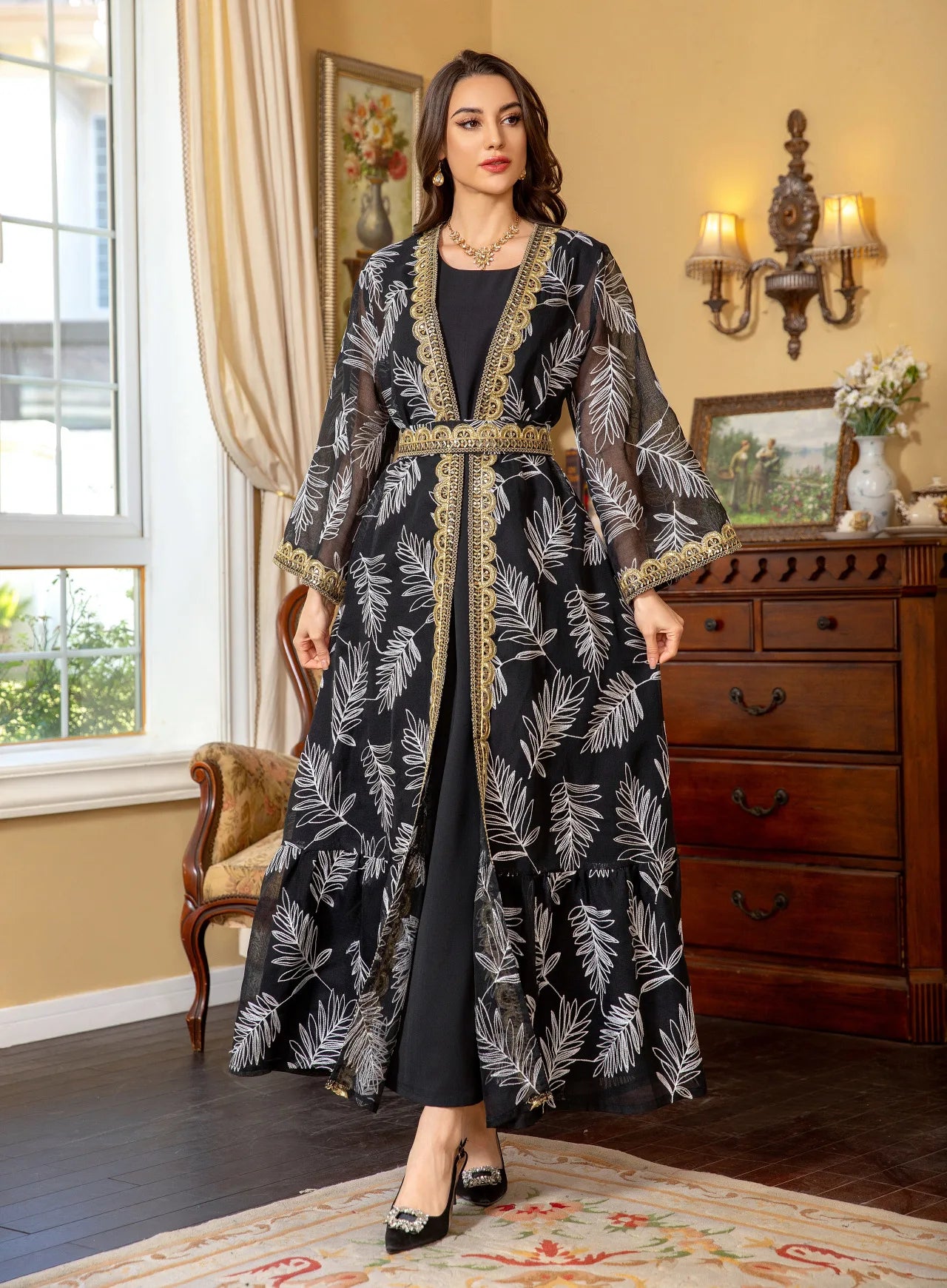 2-Piece Mesh Embroidered Muslim Set - Elegant Kaftan Robe Outfit for Women | Summer 2026