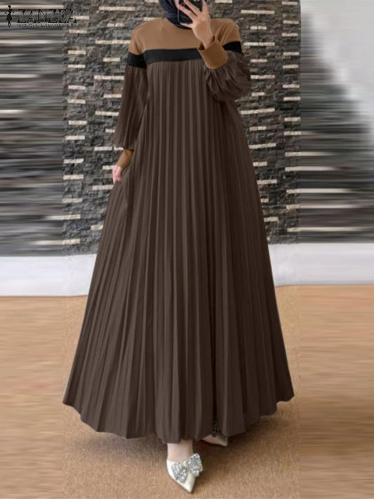 Vintage Patchwork Pleated Abaya - Long Sleeve Autumn Dress