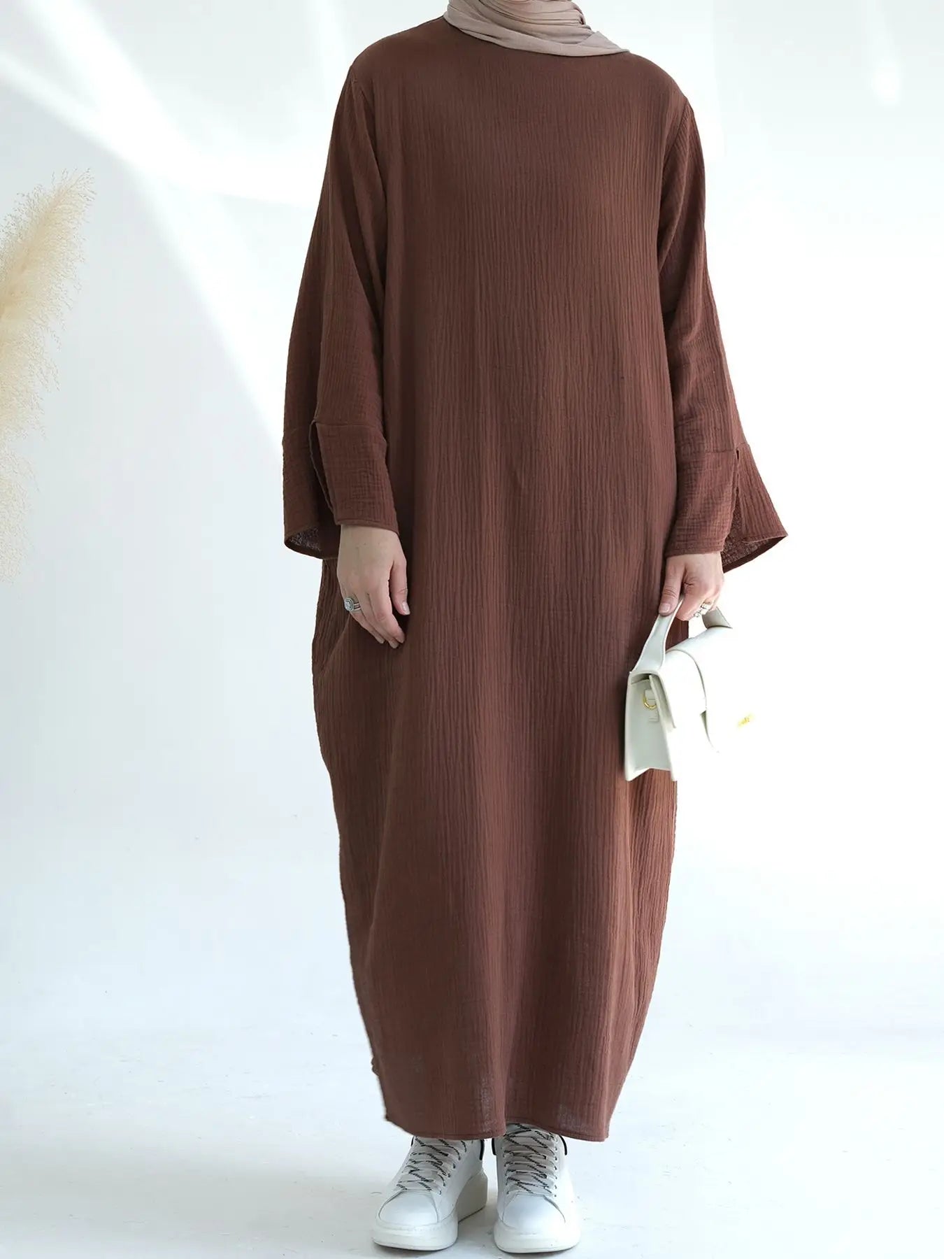 100% Crumpled Cotton Abaya - Loose Long Dress with Full Sleeves | Ramadan & Prayer