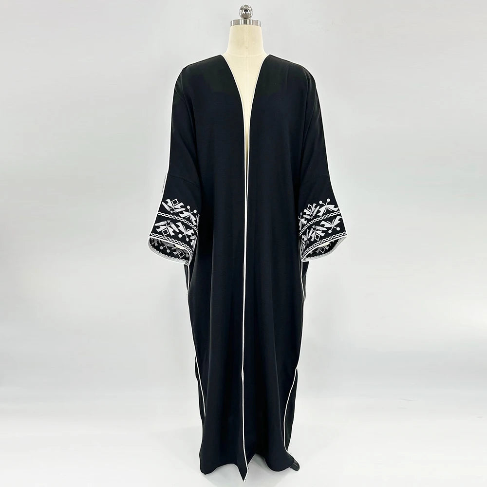 Bow Embroidered Abaya Kimono - Long Sleeve Modest Coat