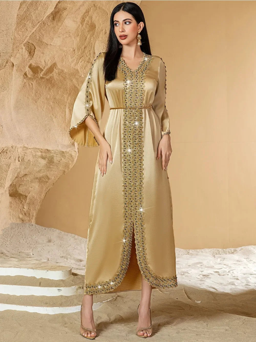 Lace & Diamond Embellished Party Abaya - Elegant Long Robe