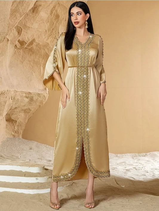 Lace & Diamond Embellished Party Abaya - Elegant Long Robe
