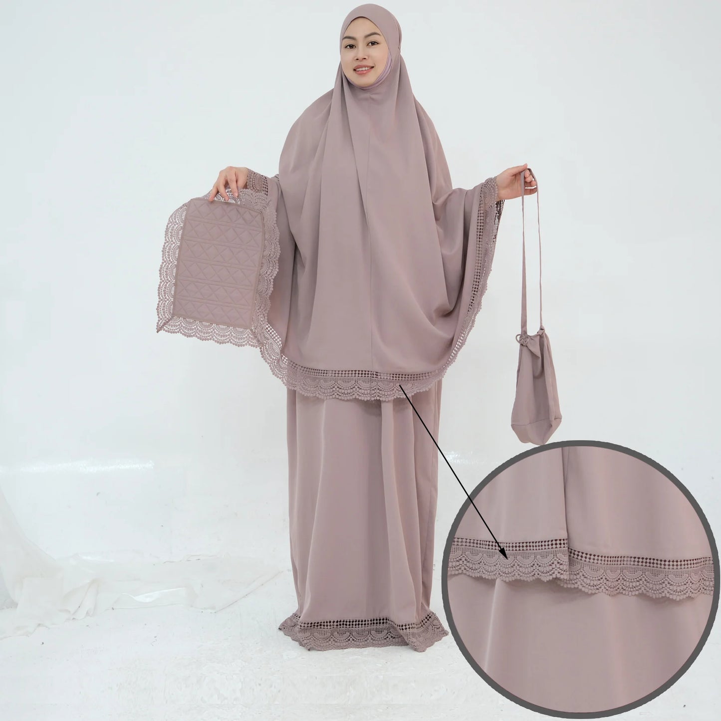 4-Piece Lace Trim Prayer Set - Complete Hijabi Salah Set with Khimar, Skirt, Rug & Pouch | Ramadan