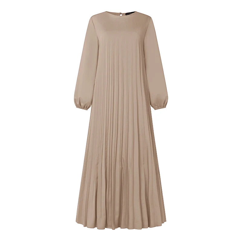 Pleated A-Line Abaya - Modest Long Dress with O-Neck
