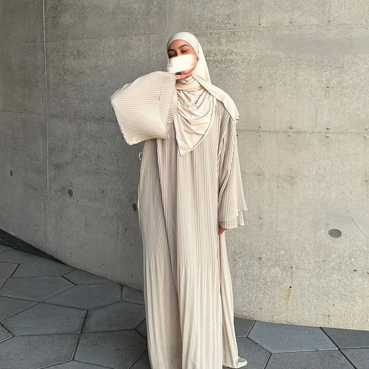 AyLosi Chiffon Pleated Flare Sleeve Muslim Dress - Elegant Kimono Abaya for Women | Eid Ramadan