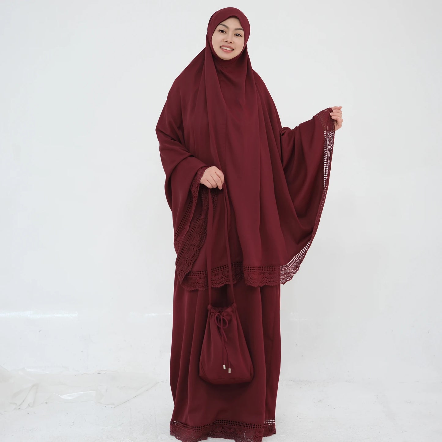 4-Piece Lace Trim Prayer Set - Complete Hijabi Salah Set with Khimar, Skirt, Rug & Pouch | Ramadan