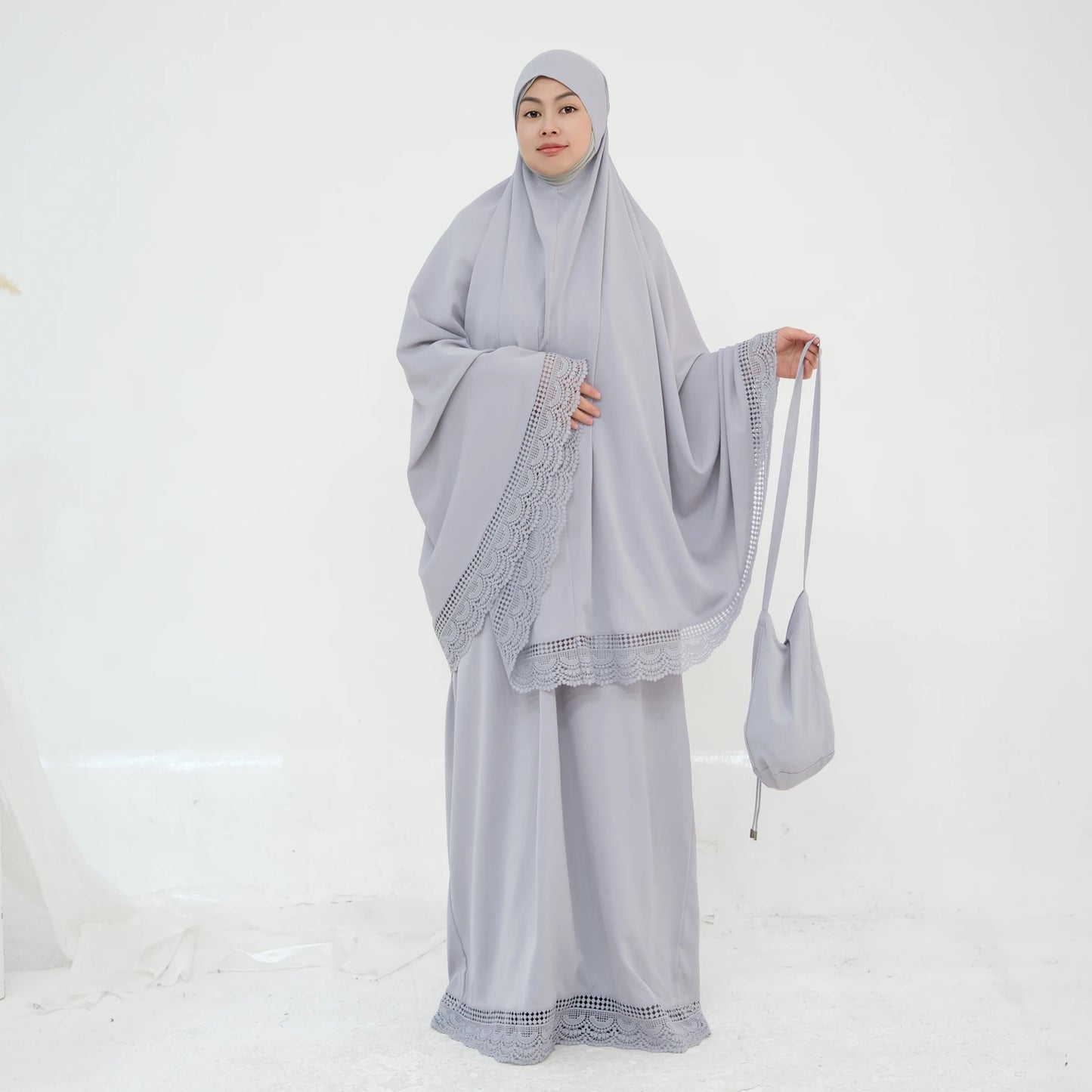 4-Piece Lace Trim Prayer Set - Complete Hijabi Salah Set with Khimar, Skirt, Rug & Pouch | Ramadan
