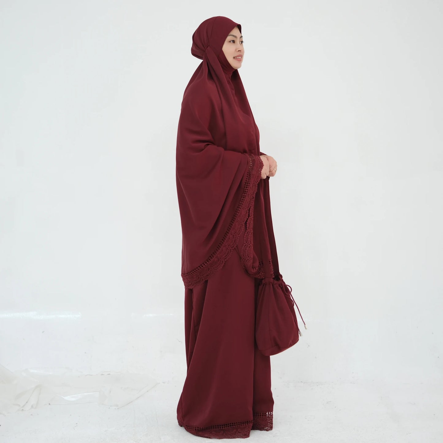 4-Piece Lace Trim Prayer Set - Complete Hijabi Salah Set with Khimar, Skirt, Rug & Pouch | Ramadan