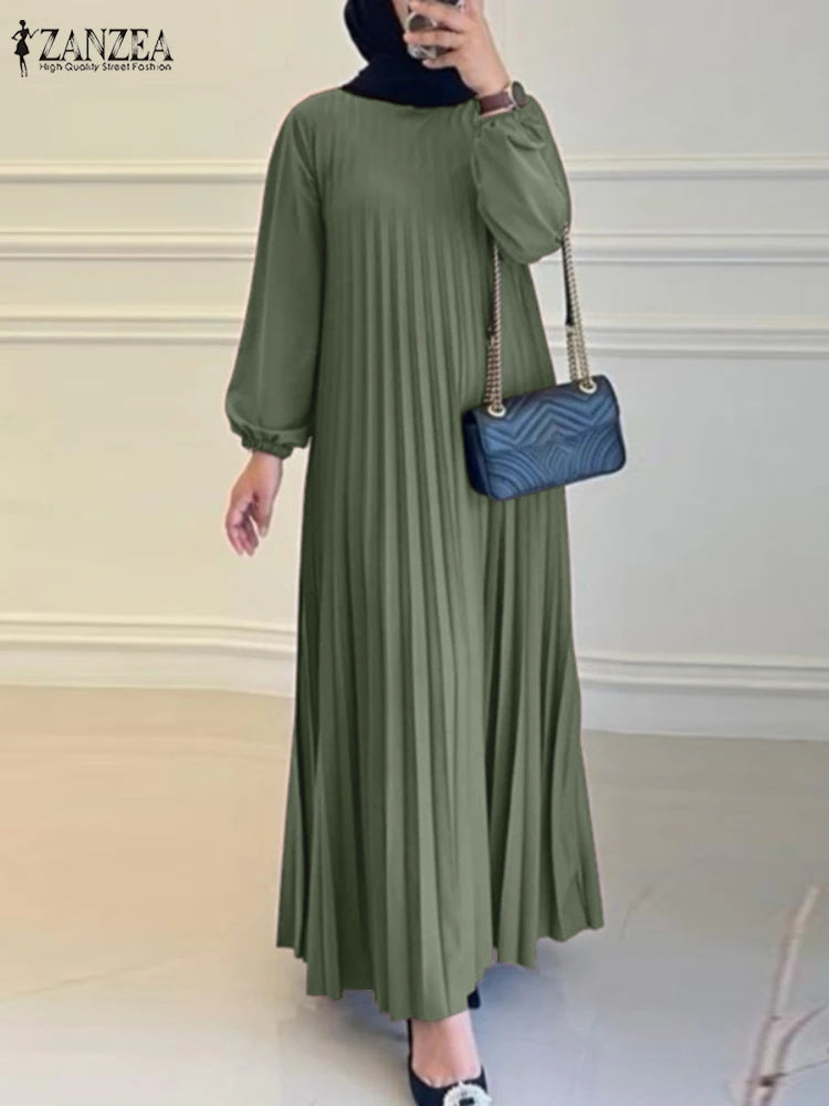 Pleated Maxi Dress - Elegant Long Sleeve Abaya