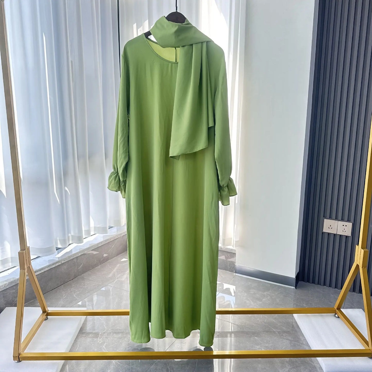 Muslim Modest Abaya Dress with Headscarf - Flare Sleeve Prayer Robe
