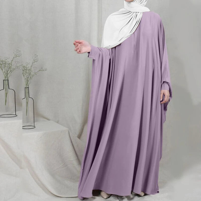 Muslim Women's Zipper Front Abaya - Modest Prayer Dress with Bat Sleeves