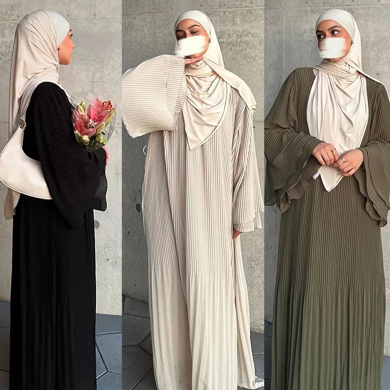 AyLosi Chiffon Pleated Flare Sleeve Muslim Dress - Elegant Kimono Abaya for Women | Eid Ramadan